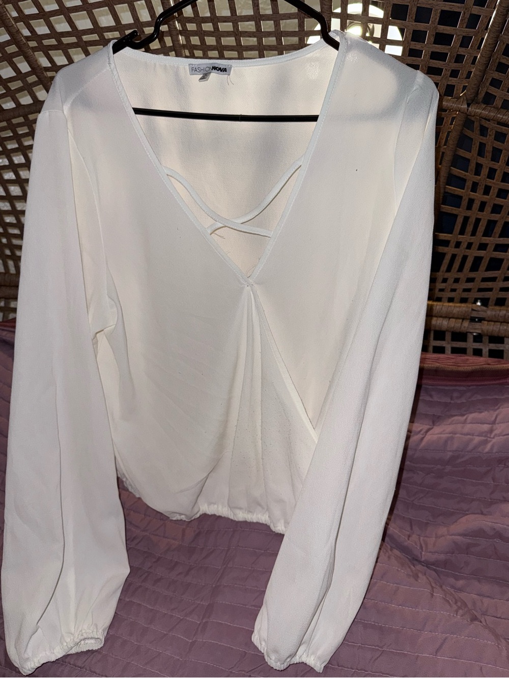 Fashion Nova White Long Sleeve V-Neck Wrap Blouse